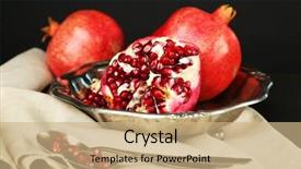  Presentation with pomegranates - PPT layouts enhanced with juicy ripe pomegranates on metal plate on dark background background and a coral colored foreground