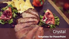  Presentation with steak - PPT theme featuring vegetables on a wooden background and a red colored foreground