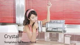  Presentation with teal music watermark - Slide deck enhanced with jukebox - beautiful young woman listening background and a coral colored foreground