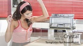  Presentation with 60s 70s music retro - Audience pleasing PPT theme consisting of jukebox - beautiful young woman listening backdrop and a soft green colored foreground
