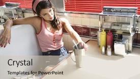  Presentation with milkshake - Colorful presentation design enhanced with jukebox - beautiful young woman with milkshake backdrop and a soft green colored foreground