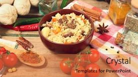  Presentation with national accounts - Slide deck with jumbalaya - uzbek national dish pilaf background and a coral colored foreground