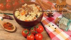  Presentation with national - Colorful presentation design enhanced with jumbalaya - uzbek national dish pilaf backdrop and a  colored foreground