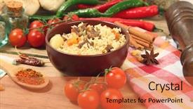  Presentation with national - Presentation design featuring jumbalaya - uzbek national dish pilaf background and a red colored foreground