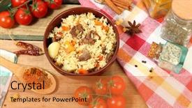  Presentation with national - Colorful PPT theme enhanced with jumbalaya - uzbek national dish pilaf backdrop and a gold colored foreground