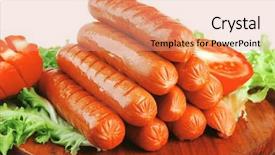  Presentation with sausages - Colorful theme enhanced with jumbo - served grilled beef red sausages backdrop and a coral colored foreground