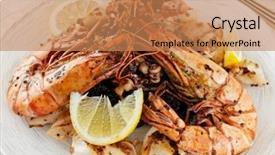  Presentation with grilled - Theme consisting of jumbo prawns and grilled squids with black rice and lemon close-up background and a coral colored foreground