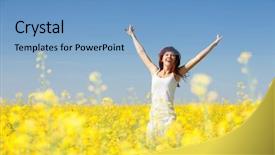  Presentation with joy - Presentation consisting of jump joy - cute woman in the field background and a teal colored foreground