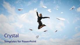  Presentation with media - Presentation design enhanced with jump joy - happy active businesswoman mixed media background and a  colored foreground