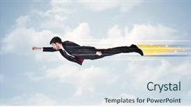  Presentation with flying - Slide set having jump plane - happy business man flying fast background and a  colored foreground