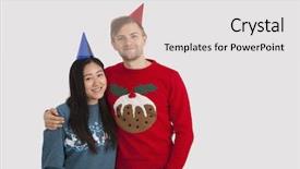  Presentation with party - Colorful PPT theme enhanced with jumper - portrait of happy multiethnic couple backdrop and a white colored foreground