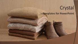  Presentation with knitted clothes - Colorful presentation theme enhanced with jumper cables - stacked of knitted winter clothes backdrop and a coral colored foreground