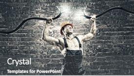  Presentation with strong - Audience pleasing PPT theme consisting of jumper cables - strong man in uniform tearing backdrop and a dark gray colored foreground