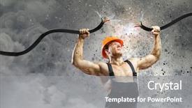  Presentation with strong - Cool new presentation design with jumper cables - strong man in uniform tearing backdrop and a gray colored foreground