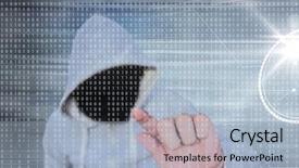  Presentation with hacker - Colorful slide deck enhanced with jumper hacker with out face backdrop and a light blue colored foreground