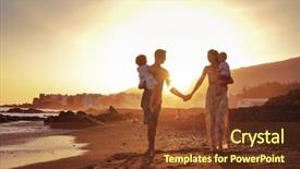  Presentation with sunset beach - Colorful presentation theme enhanced with jumping baby - happy young family having fun backdrop and a tawny brown colored foreground