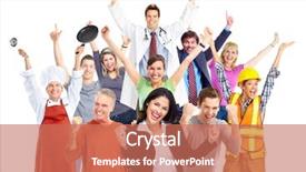  Presentation with group - Beautiful presentation featuring jumping dance - group of happy workers people backdrop and a coral colored foreground