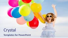  Presentation with happy birthday multicorored balloons - Amazing PPT theme having jumping girl with colorful balloons backdrop and a sky blue colored foreground