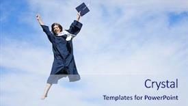  Presentation with pepl jumping up in the air - Amazing PPT theme having graduation cap blue tassel - jumping graduate backdrop and a sky blue colored foreground