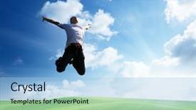  Presentation with joy - Audience pleasing presentation theme consisting of jumping happy young man backdrop and a light blue colored foreground