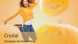  Presentation with diversity students friends happiness concept - Beautiful presentation theme featuring jumping in air over halloween backdrop and a  colored foreground