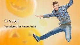  Presentation with happiness - PPT theme with jumping in air over halloween background and a blonde colored foreground