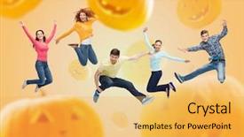  Presentation with diversity students friends happiness concept - Cool new presentation with jumping in air over halloween backdrop and a yellow colored foreground