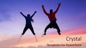  Presentation with pepl jumping up in the air - Beautiful slide set featuring jumping into air at sunset backdrop and a  colored foreground