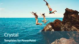  Presentation with cliff - Beautiful PPT theme featuring jumping into the ocean summer backdrop and a ocean colored foreground