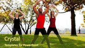  Presentation with big group people - Presentation featuring jumping jacks in the park background and a tawny brown colored foreground