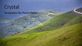  Presentation with scenery - Colorful presentation design enhanced with jumping mountains - paraglider flying over the breathtaking backdrop and a teal colored foreground