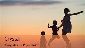  Presentation with kids jumping and lifting hand - Beautiful presentation theme featuring jumping on beach at sunset backdrop and a coral colored foreground