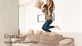  Presentation with listening woman - Amazing presentation design having jumping on sofa while listening backdrop and a soft green colored foreground