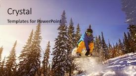  Presentation with snowboard - Colorful slide deck enhanced with jumping snowboarder on snowboard in mountains in ski resort on blue sky background backdrop and a coral colored foreground