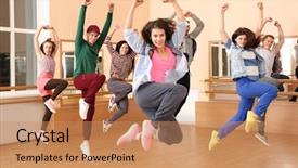  Presentation with hip hop - Presentation theme having jumping steps - group of young hip-hop dancers background and a coral colored foreground