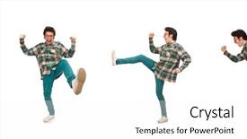  Presentation with student - PPT layouts featuring jumping steps - young male student isolated background and a white colored foreground