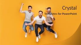  Presentation with virile young men - PPT layouts having jumping together isolated over yellow background and a gold colored foreground
