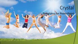  Presentation with diversity groups jumping up in the air - Audience pleasing presentation design consisting of jumping together on a meadow backdrop and a  colored foreground