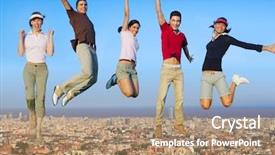  Presentation with city buildings - Presentation theme having jumping young people happy group background and a  colored foreground