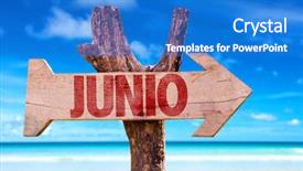  Presentation with june - Presentation theme consisting of june in spanish wooden sign with beach background background and a cobalt blue colored foreground