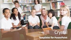  Presentation with high school students - PPT theme with junior high school - seven students in library reading background and a coral colored foreground