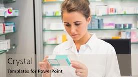  Presentation with hospital pharmacy - Colorful theme enhanced with junior pharmacist reading medicine box at the hospital pharmacy backdrop and a soft green colored foreground