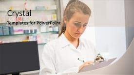  Presentation with hospital pharmacy - Slides featuring junior pharmacist writing on clipboard at the hospital pharmacy background and a coral colored foreground