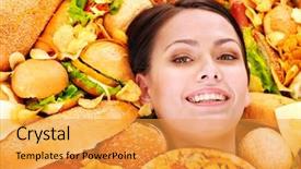  Presentation with critical thin king - Presentation theme having junk food - thin woman holding hamburger background and a gold colored foreground