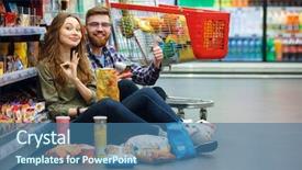  Presentation with supermarket - Slide deck having junk food - young bearded man and smiling background and a ocean colored foreground