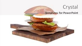  Presentation with cutlery food - Presentation theme featuring junk food big beef hamburger fried eggs on dark wood plate with modern cutlery isolated over white background background and a white colored foreground