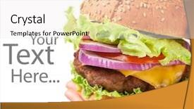  Presentation with junk food - PPT layouts with junk food healthy - big cheeseburger holding in hands background and a sky blue colored foreground