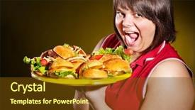  Presentation with dr holding ipad - Beautiful slide deck featuring junk food healthy - overweight woman holding hamburger backdrop and a tawny brown colored foreground