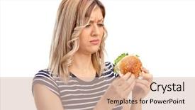  Presentation with sad woman - PPT theme having junk food healthy - sad woman holding a tasty background and a  colored foreground