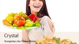  Presentation with hamburger - Cool new slides with junk food healthy - woman choosing between fruit backdrop and a lemonade colored foreground